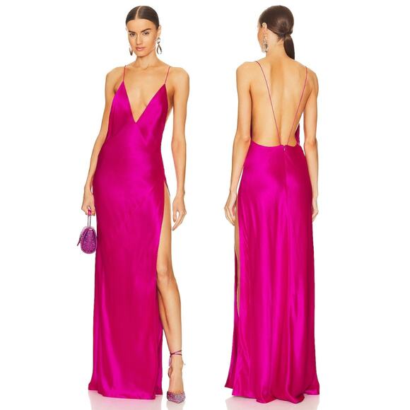 Retrofete Paloma Dress Satin Plunging Neck Open Back High Slit Neon Pink Size M